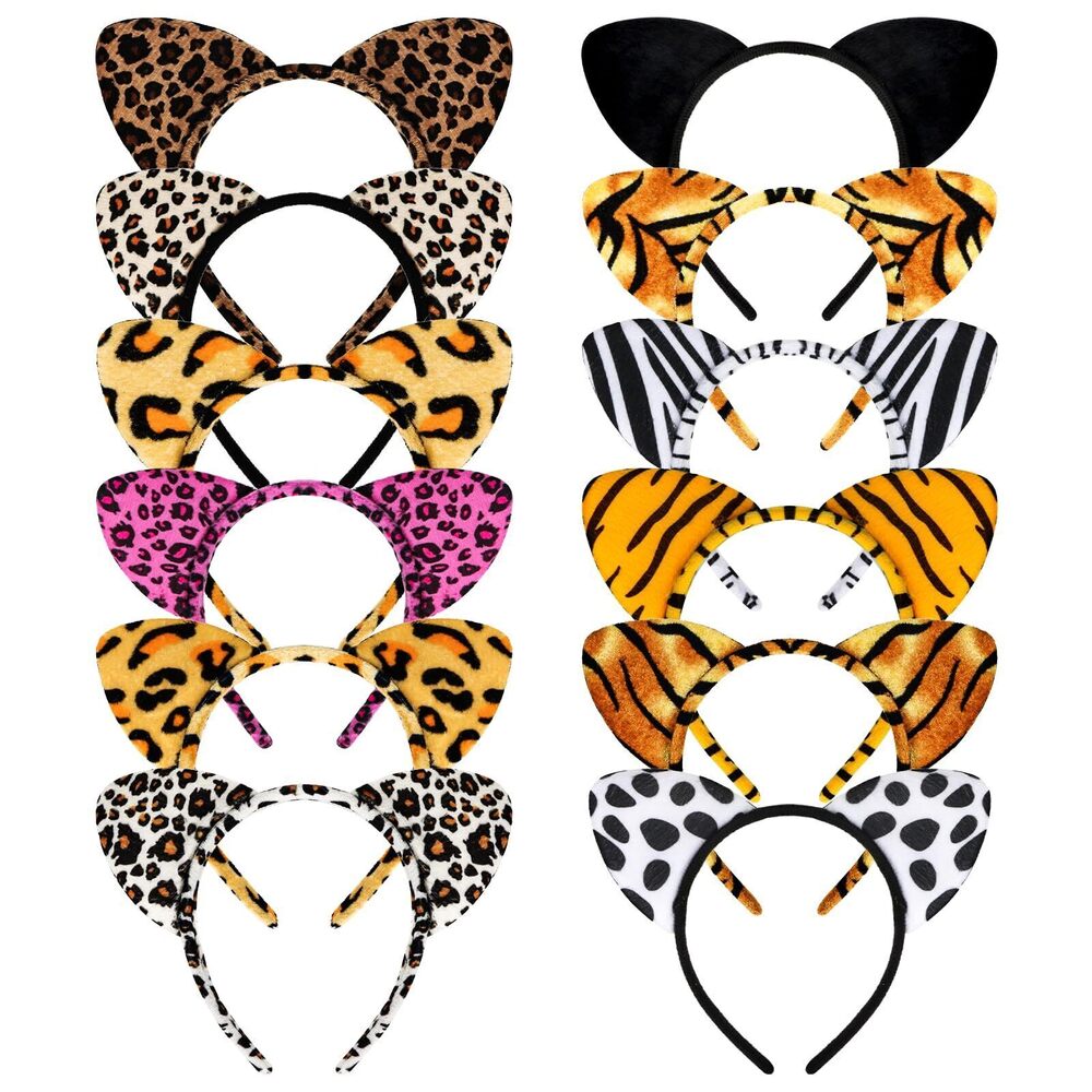 7846 12 Pcs Cat Ears Headbands Animal Ears and Horns Headband Plush Horns